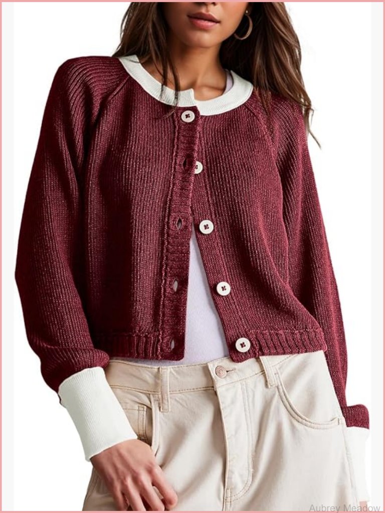 Cropped Cardigan Sweaters Long Sleeve Open Front Button Down Color Block Knit